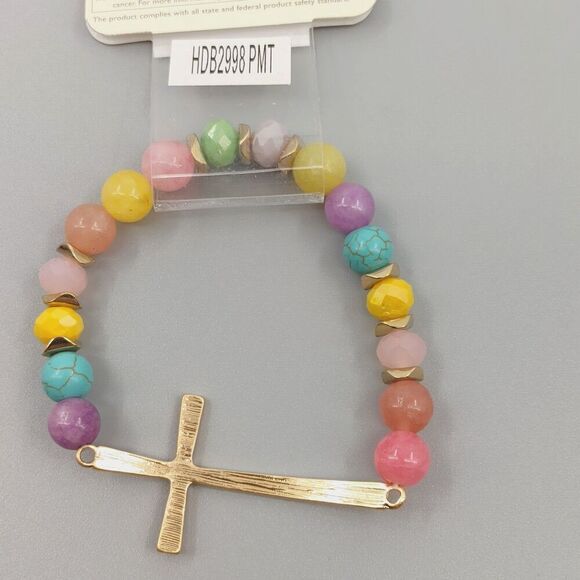 Set of 2 Cross Gold Tone Bracelet Beaded Hammered Catholic Religious Easter Gift - Picture 7 of 15